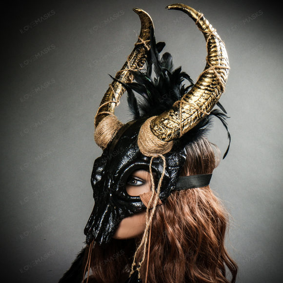 Antelope Devil Gold Horns Animal Skull Ghost Masquerade Mask - Black - Picture 9 of 10